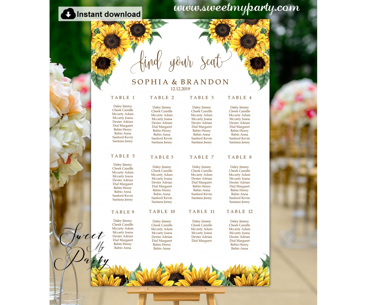 Sunflowers Seating Chart template,Sunflowers Wedding Seating Plan template,(143)